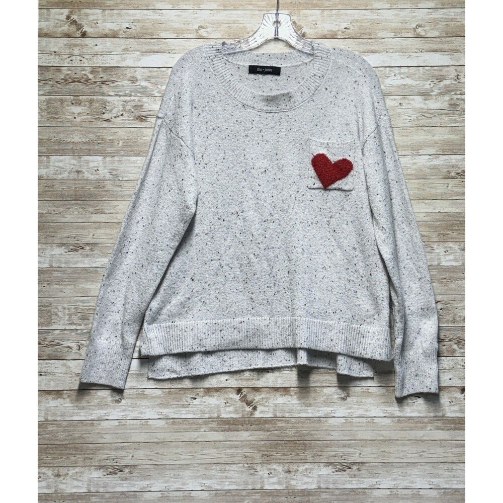 Chloe + Jasmine Light Gray Speckled Sweater Fuzzy Red Heart Sz XL